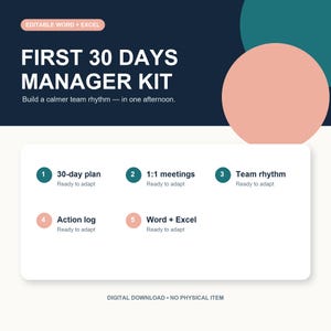May include: A digital First 30 Days Manager Kit document featuring editable Word and Excel files. The graphic displays five numbered sections: 30-day plan, 1:1 meetings, Team rhythm, Action log, and Word + Excel, all labeled as ready to adapt.