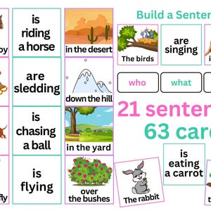 May include: Educational flashcards for building sentences. The cards feature colorful illustrations of various scenes and characters, including a cowboy, a dog, and a rabbit. Text on the cards includes "Build a Sentence", "21 sentences", and "63 cards".