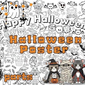 May include: A black and white Halloween coloring poster featuring the text Happy Halloween and Halloween Poster. The design includes various illustrations of ghosts, bats, pumpkins, candy, and four cats dressed in costumes as a witch, mummy, vampire, and skeleton.