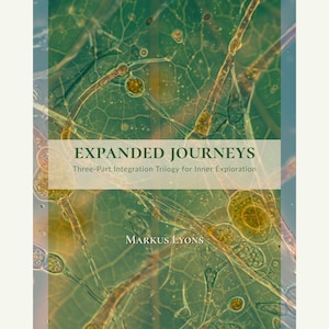 May include: A book cover with a close-up of a green and yellow abstract pattern. The title "EXPANDED JOURNEYS" is displayed in large, bold white letters, with the author's name, Markus Lyons, below.