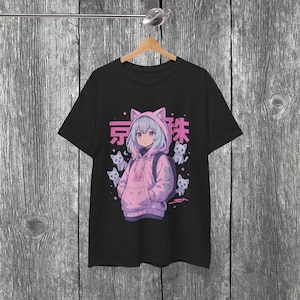 Camiseta de anime, linda camiseta de gato anime, estilo kawaii, camiseta gráfica unisex, regalo para amantes de los gatos, ropa estética japonesa