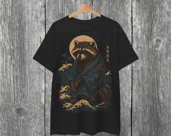 Japanese Raccoon Kimono T-Shirt ,Ukiyo-e Style Wave Art Tee  Traditional Japanese Aesthetic Animal Shirt, Unisex Graphic Tee