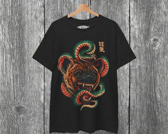 Hyena & Snake Tattoo T-Shirt – Dark Urban Streetwear Tee with Japanese Kanji “狂気” (Madness) – Unisex Graphic Shirt