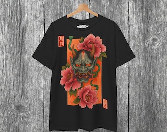 Japanese Oni Mask T-Shirt – Hannya Demon with Peonies in Traditional Tattoo Style | Bold Samurai Aesthetic Tee for Streetwear