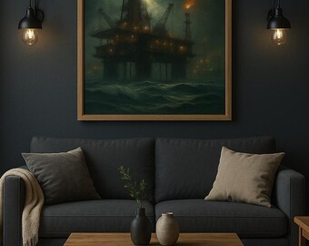Stormy Offshore Oil Rig – Dark Industrial Ocean Scene Wall Art Print