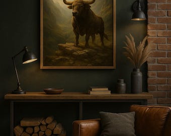 Majestic Bull in Mountains – Rustic Animal Wall Art Print
