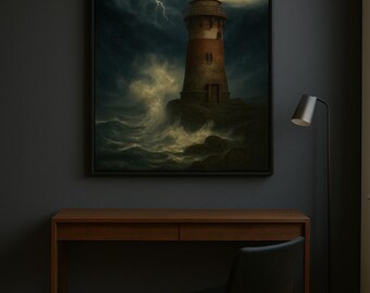 Rustic Lighthouse in Ocean Storm – Dramatic Nautical Wall Art Print