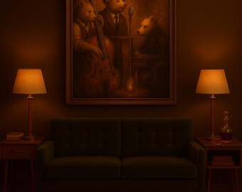 Jazz Bears - Vintage Bear Band Playing Music in a Dimly Lit Bar - Whimsical Animal Artwork