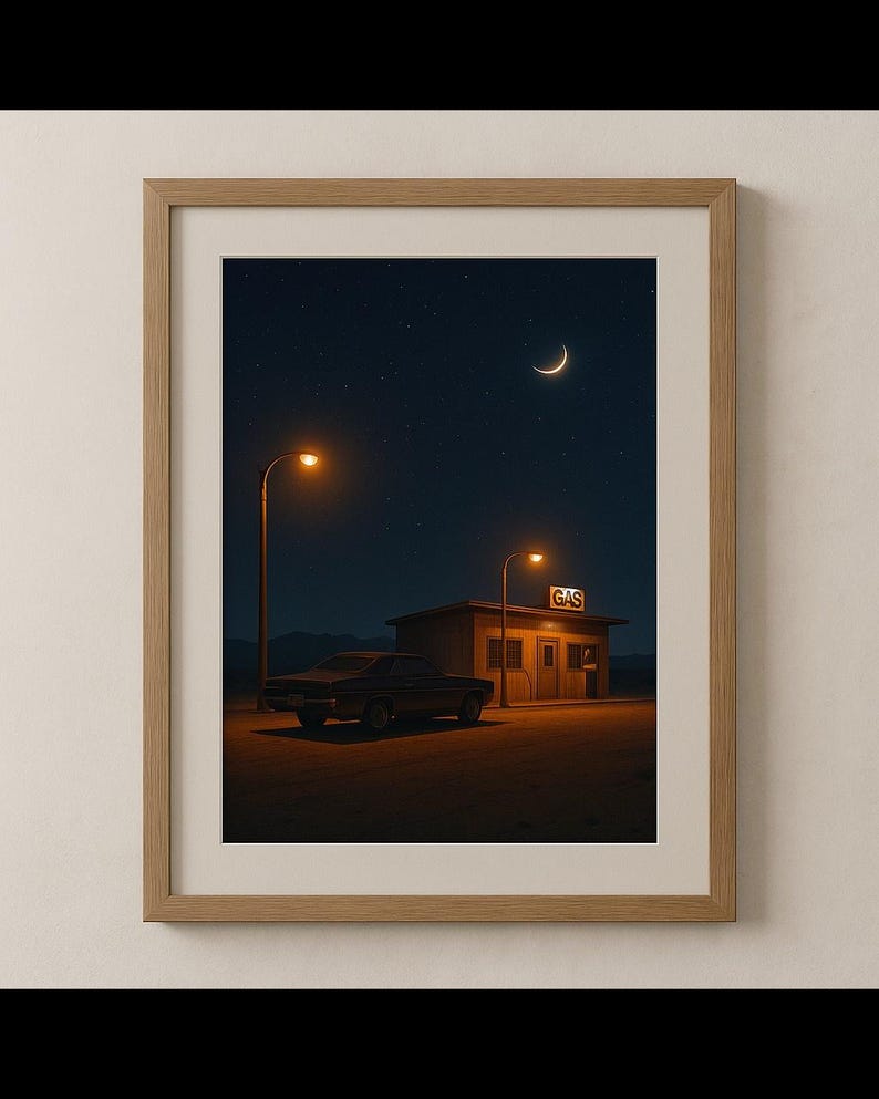 May include: Framed art print depicting a vintage car parked near a gas station at night. The scene is illuminated by streetlights and the moon. The gas station sign reads "GAS". The sky is dark with visible stars.