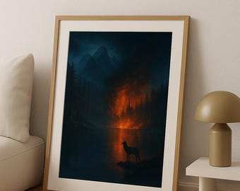 Stag by Forest Fire – Dramatic Wildlife Landscape Print | Dark Nature Wall Art