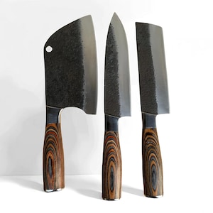 Hand-Forged Chef Knife Set | 3-Piece High Carbon Steel Kitchen Knife Set with Wood Handle | Japanese Style Cooking Knives for Home & Pro