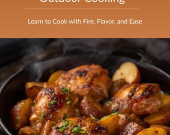 May include: Image of a cookbook cover titled "Fire At Home" with the subtitle "The Beginner's Guide to Outdoor Cooking." The image shows cooked chicken and potatoes in a cast iron skillet over a grill. The text reads "Learn to Cook with Fire, Flavor, and Ease."