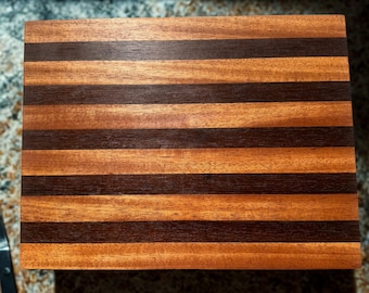 May include: A rectangular wooden cutting board with alternating stripes of light and dark brown wood. The board has a smooth surface and a natural wood grain pattern. The cutting board is designed for food preparation.