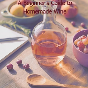 May include: The cover of a book, "She Pours: A Beginner's Guide to Homemade Wine", features a glass bottle with a pink liquid. The image includes grapes, a wooden spoon, and fruit, suggesting a theme of winemaking and home brewing.