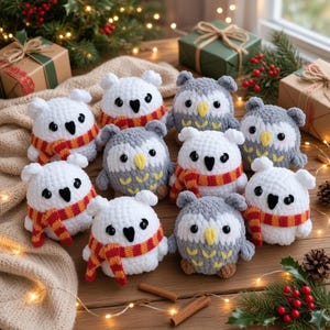 May include: A collection of nine small, round, crocheted owl plushies in white and gray yarn. Some owls wear striped red and orange scarves, while others feature yellow beaks and textured wing details. Each owl has large, round, black plastic eyes.