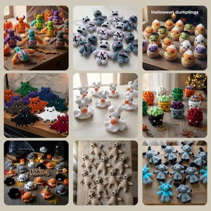 May include: A collection of nine panels featuring various crocheted Halloween-themed items, including colorful monsters, white ghost-like figures, candy corn shapes, bats, and small dolls, with the text "Halloween dumplings" and "Happy Haunting" visible.