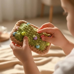 May include: A handmade, rectangular crochet toy with a light green center and a tan border. The toy is adorned with colorful beads in shades of blue, pink, yellow, and purple. The toy is being held by a child.