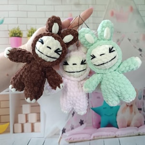 Labubu inspired crochet keychains low sew pattern Smiling bunny plushies Creepy cute monster rabbit plush Amigurumi tutorial PDF in English