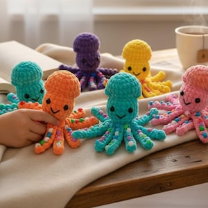 Patrón de ganchillo de calamar sin costuras en PDF, juguete sensorial de amigurumi con cuentas para aliviar el estrés.