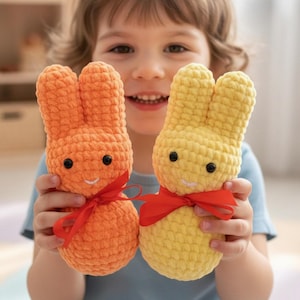 May include: Two handmade crochet bunny toys. One is orange, the other is yellow. Both have black eyes, a smiling mouth, and a red ribbon tied around the neck. The bunnies are held by a child.