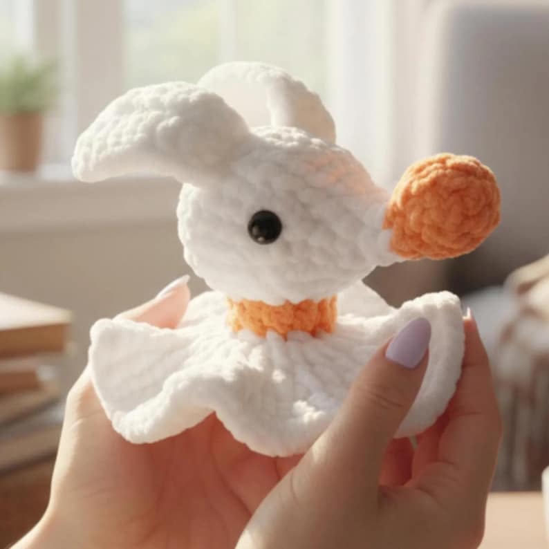 Puede incluir: Un juguete de peluche tejido a ganchillo en color blanco con cabeza redondeada, orejas largas, un peque&ntilde;o ojo negro y una nariz naranja texturizada. La figura presenta un cuello naranja y una base blanca con volantes de hilo suave.