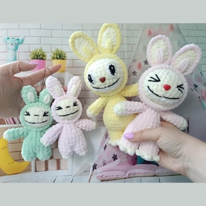 Labubu inspired family crochet patterns Smiling bunny plush Halloween crochet plushies Creepy cute monster Amigurumi tutorial PDF in English