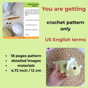 May include: A digital crochet pattern document for a yellow and white triceratops plush toy. The document includes 18 pages, detailed images, a materials list, and states a finished size of 4.72 inches. Includes images of yarn, a hook, and scissors.