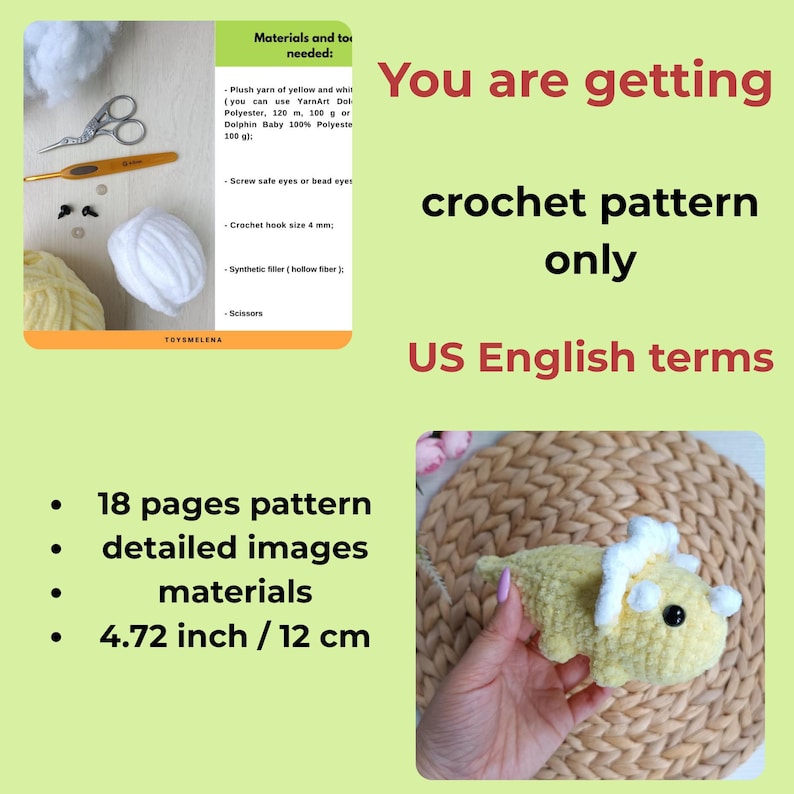 May include: A digital crochet pattern document for a yellow and white triceratops plush toy. The document includes 18 pages, detailed images, a materials list, and states a finished size of 4.72 inches. Includes images of yarn, a hook, and scissors.