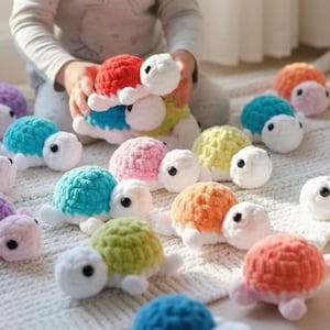 May include: A collection of colorful, crocheted turtle toys. The turtles feature various shell colors, including red, blue, green, yellow, pink, and orange, with white heads, feet, and bellies. The toys are soft and appear handmade.