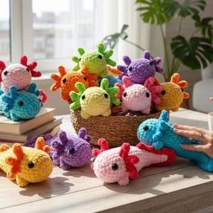 以下が含まれることがあります： ピンク、青、黄色、緑、オレンジ、紫など、さまざまな色のカラフルな手編みのウーパールーパーのぬいぐるみコレクション。 籐のバスケットに入っているものもあれば、木製の表面に散らばっているものもあります。 各ぬいぐるみはユニークなデザインです。