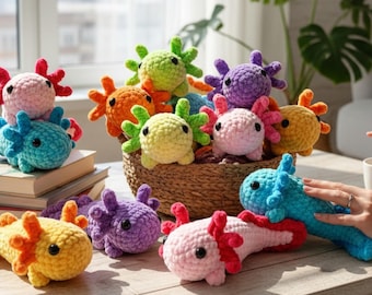 Patrón de ajolote a crochet sin costuras en PDF, ideal para principiantes. Peluche de salamandra amigurumi.