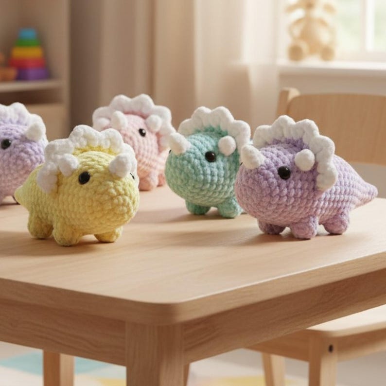 No Sew Triceratops Crochet Pattern PDF Beginner Friendly Dinosaur Amigurumi Palm Plushie Dino.
Great for keychains, desk toys, or small décor
Suitable for craft fairs and handmade business items
Minimal materials required – budget-friendly project
Instant PDF download – start crocheting immediately
Kawaii-style design – trendy and giftable