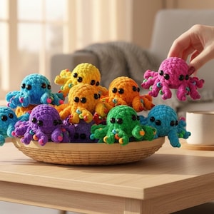 May include: A collection of small, crocheted octopus toys in vibrant colours including blue, yellow, orange, purple, green, and pink. Each octopus features large black plastic eyes and small colourful beads attached to the tentacles. The toys are arranged in a shallow, round, woven basket.