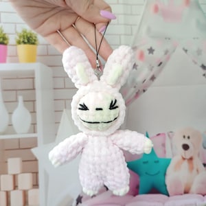 Labubu inspired crochet keychain low sew pattern Smiling bunny plushies Creepy cute monster rabbit plush Amigurumi tutorial PDF in English