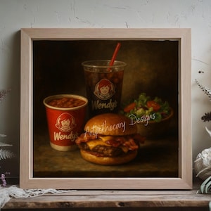 Fast-Food Inspired &quot;Wendy&#39;s&quot; Chili, Burger, Salad, and Drink Baroque Painting Print