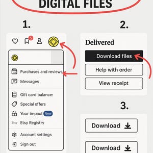 May include: A step-by-step guide on how to download digital files, with numbered instructions and arrows. The guide includes screenshots of a website interface, with the text "How to Download Digital Files". The logo "Stickers Alex" is at the bottom.