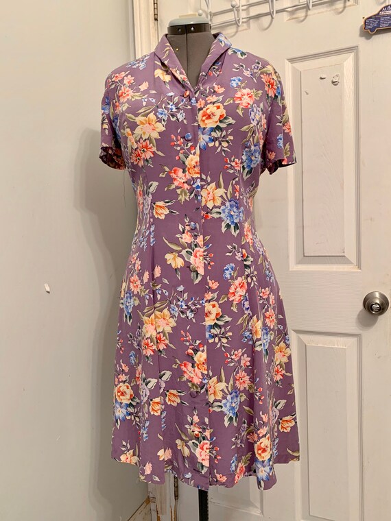 Lavender Floral Spring Button Up Silk Day Dress