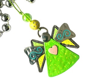 Angel ornament, artisan hand painted metal, antique style one of a kind, lime and yellow with pink heart A40