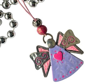 Angel ornament, artisan hand painted metal, antique style one of a kind, purple and pink  with pink heart A52