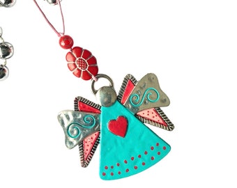 Angel ornament, artisan hand painted metal, antique style one of a kind, teal and red and red heart A50