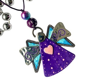Angel ornament, artisan hand painted metal, antique style one of a kind, purple and blue with pink heart A51
