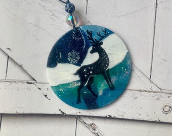 Deer  ornament, handmade woodland polymer clay artisan creation , blue and black flat ornament D7