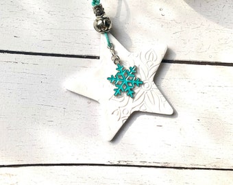 Star ornament, handmade snowflake ornament, polymer clay and pale teal enamel  artisan creation , christmas snowflake