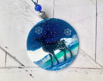 Deer  ornament, handmade woodland polymer clay artisan creation , blue and black flat ornament D1