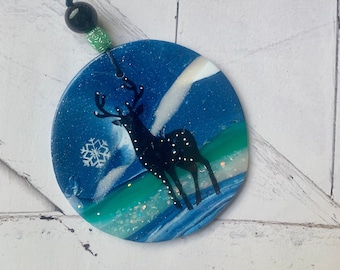 Deer  ornament, handmade woodland polymer clay artisan creation , blue and black flat ornament D9