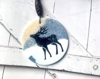 Deer  ornament, handmade woodland polymer clay artisan creation , blue and black flat ornament D12