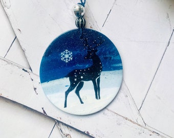 Deer  ornament, handmade woodland polymer clay artisan creation , blue and black flat ornament D18