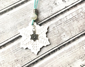 Snowflake ornament, handmade small ornament, polymer clay and silver charm  artisan creation , christmas snowflake