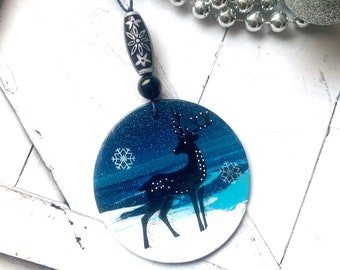 Deer  ornament, handmade woodland polymer clay artisan creation , blue and black flat ornament D16