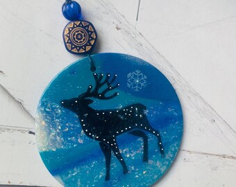 Deer  ornament, handmade woodland polymer clay artisan creation , blue and black flat ornament D6